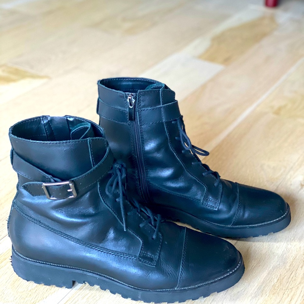 Black leather combat boots